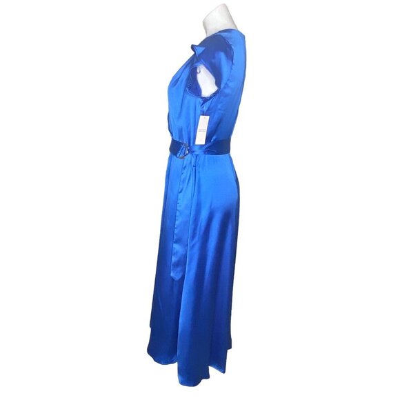 Tahari ASL NWT Blue Satin Midi Dress, Flutter Sleeves Belted Women's Size 8 - Picture 8 of 13